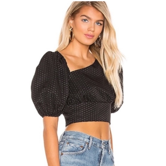 Revolve H:ours Black One Shoulder Crop Top Asymmetrical Puff Sleeve Small Spring - Picture 2 of 8
